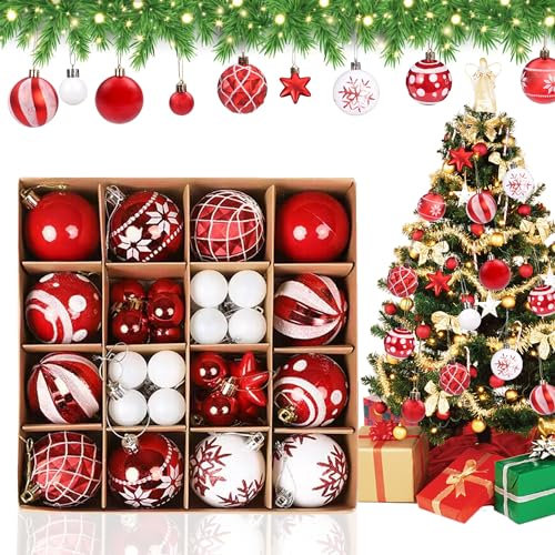 Christmas Tree Decorations - 42PCS Red Baubles & Balls Set - Hanging Ornaments for Home Party Gift Decor