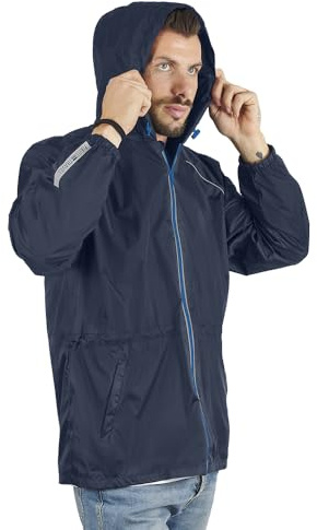 PERLETTI Giacca Impermeabile Uomo Antivento Leggera - Impermeabile Pioggia Sportivo con Cappuccio e Dettagli Catarifrangenti - Trench Giacca a Vento Uomo Antipioggia Corsa Trekking Outdoor (M, Blu)