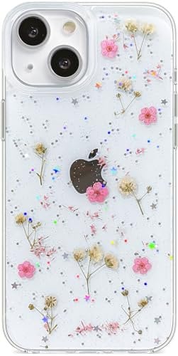 Efitoo for iPhone 15 Plus/14 Plus Case Clear Pink Flower Design Cute Glitter Sparkly TPU Real Dried Pressed Flowers Floral Aesthetic Protective Women Girl's Phone Cover (Pink Gypsophila)