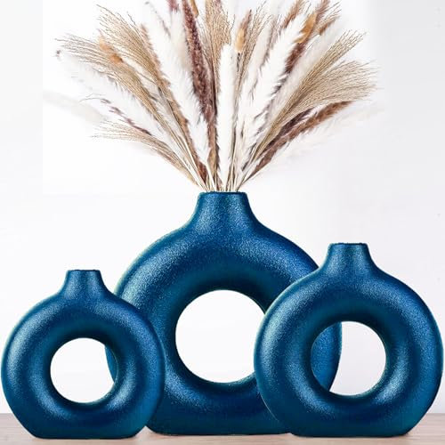 Vasen Deko- Blau Donut Keramik Vasen Set 3,Vase für Pampasgras Modern Skandinavische Deko,Boho Beige Vase für Wohnzimmer,Flur,Hochzeit,Fensterbank,Tisch,Party Home Deko……