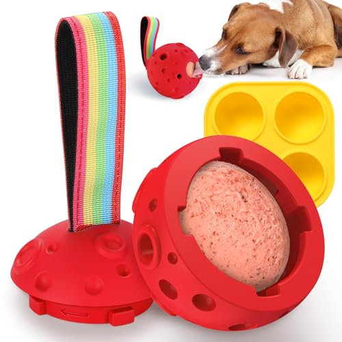 Larimuer Schleckball für Hunde, Pupsicle Kauspielzeug Welpen- und Leckerli-Tablett Spender DIY Gummi Befüllbares Interaktives Hundespielzeug und Silikonformen (Rot)