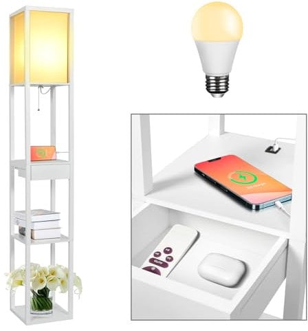 Fullwatt Stehlampe mit Holzregal Innenbeleuchtung Holz Stehleuchte mit Regalen für Schlafzimmer und Wohnzimmer (Weiß Aktualisierte Version)
