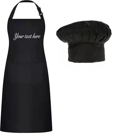 Wulachaka Delantal personalizado Gorro de chef, delantal con pechera ajustable, gorra de chef panadero con bolsillos, personalice el nombre, texto, parrilla, delantal de cocina (A)