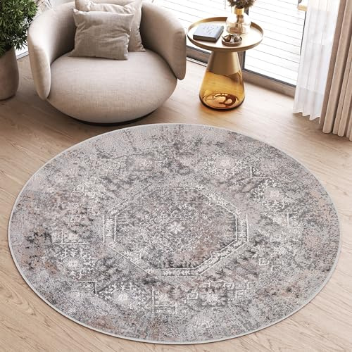 TAPISO Valley Rund Teppich Kurzflor Vintage Ethno Hellgrau 120 x 120 cm | Ornamental Meliert Verwischt Used Effekt Wohnzimmer Schlafzimmer OEKO-TEX