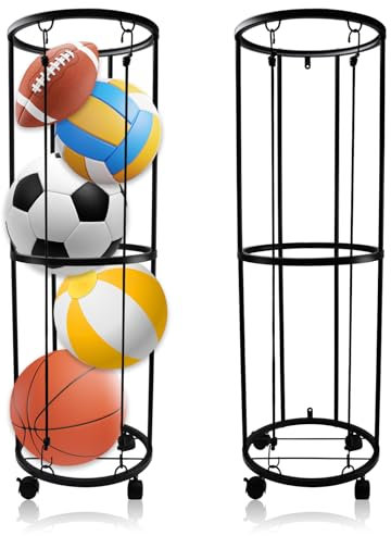 Rastrelliera da Basket, Portapalle per Calcio, Scaffale di Stoccaggio di Attrezzature Sportive, Scaffale per Palloni con Rotelle per Palloni Sportive per Basket, Calcio, Pallavolo, 33.5x33.5x102cm