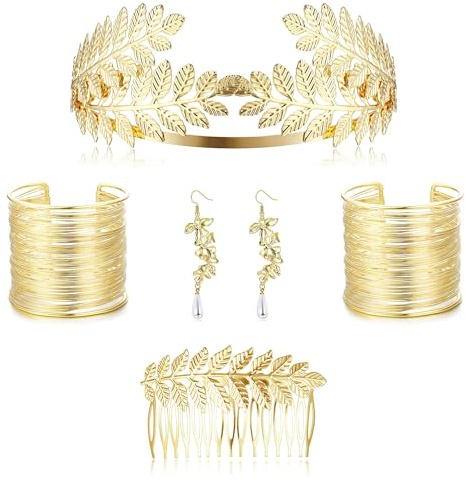 LOLIAS Griechisches Göttinnen Zubehör Set Goldenes Lorbeerblatt Krone Stirnband Oberarmmanschette Spulenarmband Perlenblatt Ohrring Braut Hochzeit Kopf schmuck Kostümschmuck