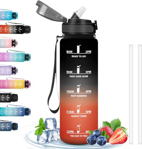 Botella Agua 1 Litro, Botella Agua con Pajita, Botella Agua Gimnasio, Botella Reutilizable a Prueba de Fugas, Botella de Agua con Eslogan Motivacional, Cantimplora para Deporte, Acampar, Ciclismo