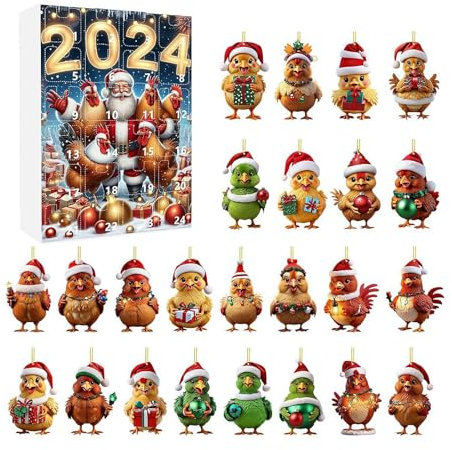 Cikiki Weihnachts-Adventskalender 2024, 2D-Weihnachtsbaum-Huhn-Ornamente, 24-Tage-Weihnachts-Countdown-Kalender, Huhn-Anhänger mit Weihnachtsmannmützen für Weihnachtsfeier, Winter, Zuhause, hängende