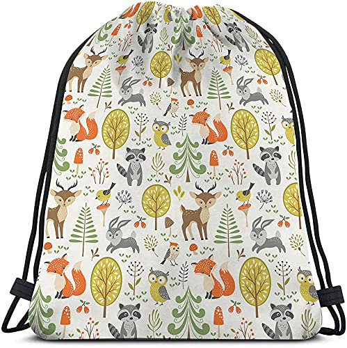 Richugui Beutel mit Kordelzug, niedliche Waldtiere, Rucksack, Tasche, Frühlingsbeeren, Vogel, Eule, Waschbär, Baum, Kaninchen, Fuchs, Pilz, Sport, Turnbeutel, Kordelzug, Yogatasche für Männer und