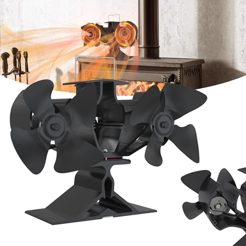QEENTOE Kaminventilator Doppelkopf-Design 8 Blätter Ofenventilator Ohne Strom Hitzebetriebener Doppelt Ofenventilator Geräuschloser Betrieb Für Kaminofen Kamin Ofen Schwarz