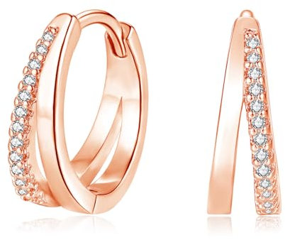Cangall Ohrringe Silber 925, Sterling Silber Doppel-Creole mit Cubic Zirkonia, Hypoallergene Ohrringe Rose Gold Creolen, Klein Schlafen Knorpel Huggie Modeschmuck Creolen Rose Gold für Damen Mädchen
