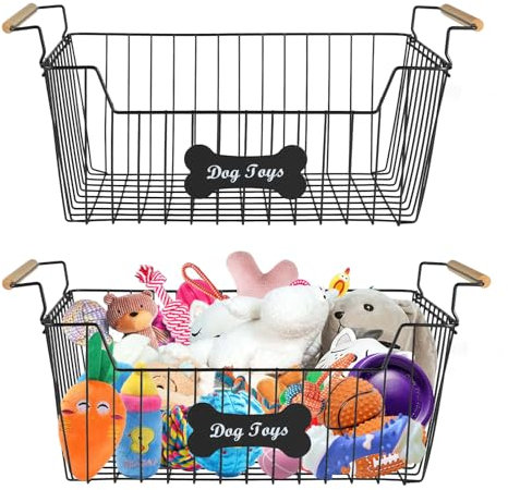 APITOS Dog Toy Basket, Metal Dog Toy Storage with Handles, 2 pack Large Wire Storage Basket, Wire Storage Baskets, Chew-Proof-Dog Basket for Organizing Pet Toys, Blankets, Clothes and Food