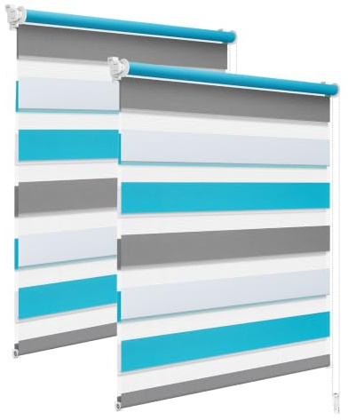 WOLTU Doppelrollo Klemmfix 2er Set, Rollos für Fenster ohne Bohren | Lichtdurchlässig & Verdunkelnd, Duo Klemmrollo für Fenster und Tür, 65x150 cm [Stoffbreite: 62 cm], Weiß+grau+türkis