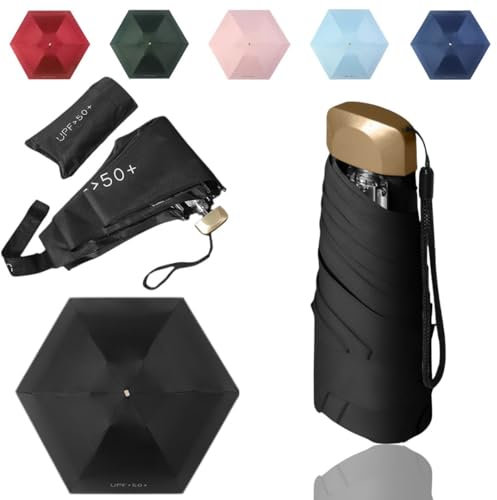 Tirimbeles® Paraguas Pequeño Plegable de Bolsillo | Mini Paraguas 6 Varillas y Funda | Protección Solar UV y Repelente al Agua | Compacto y Portátil | Ideal Viaje y Bolsos Pequeños (Paraguas Negro)