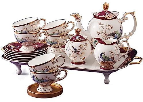 OWOHYG Fine Bone China Tea Set with Teapot, Teacups & Spoons & Saucers, 16-Piece Exquisite Coffee Cups Set with Sugar Bowl & Cream Pitcher