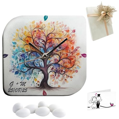Doni Bomboniere Matrimonio 1 pz Orologio in Ecopelle con Stampa Albero della Vita con Colori Arcobaleno Comunione Cresima Evento Regalo Personalizzabile Artigianale Originale (MOD. 18-12 x 12 cm)