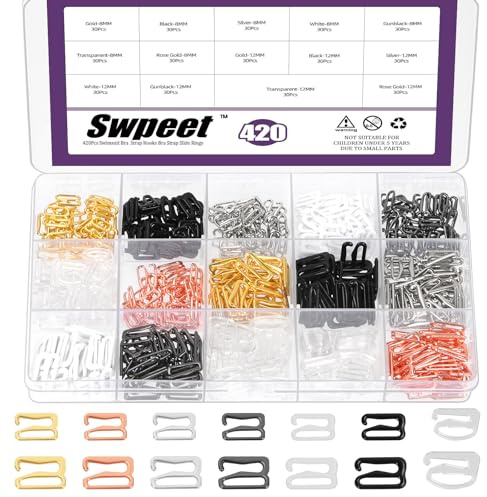 Swpeet 420pcs 7 Farben 8 mm 12 mm Abbildung 9 Form BH-Gurt Haken Sortiment-Kit, Legierung Badeanzug BH-Haken, Metall Badeanzug Clips Verschluss, BH-Gurt Slide Ersatz für Badeanzug Tops und Unterwäsche