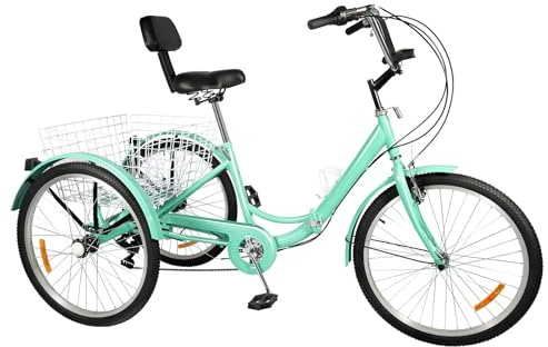 Dokiiovo Dreirad für Erwachsene, 24 Zoll Fahrrad mit Korb, Dreiradfahrrad mit LED Licht, 3 Räder, 7-Gang-Getriebe, 120 kg Tragkraft (Türkis)