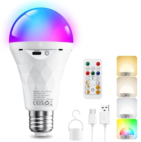 E27 LED RGB Aufladbare Glühbirne 2600mAh, Akku Glühbirne mit Fernbedienung | Akku Glühbirne mit Batterie Dimmbare 10 Farbwechselnd Akku Lampe Hängelampe mit Timer für Outdoor Camping Weihnachten