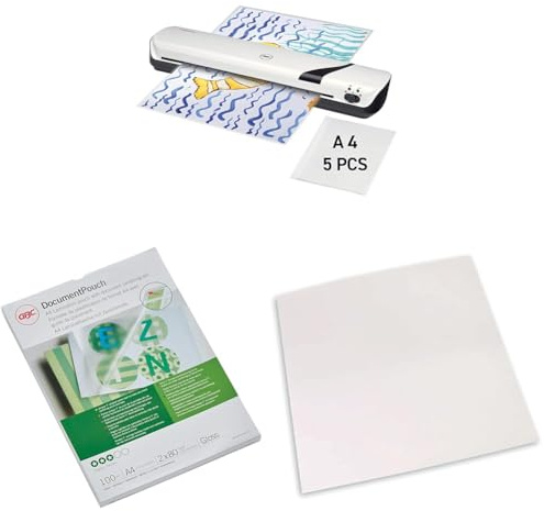 GBC Inspire+ A3-Laminiergerät Set, inkl. 105 A4-Laminierhüllen und 5 Reinigungsblätter, Für 75 bis 125 mic Laminierfolien bis Format A3, Heiß- und Kaltlaminierung, Weiß (4410032)