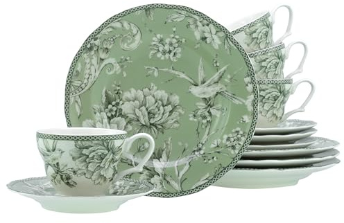 CreaTable, 24767, Serie Adelaide Grün, 12-teiliges Geschirrset für 4 Personen, Kaffeeservice aus Porzellan, spülmaschinen- und mikrowellengeeignet, Qualitätsproduktion