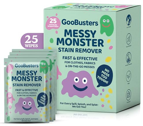 GooBusters Stain Remover Wipes – 25 Pack – Fast & Effective Cleaner for Clothes, Fabrics, Upholstery, Carpets & On-the-Go Messes – Baby Essentials – Cleaning Grease, Coffee, Juice & Food Stains