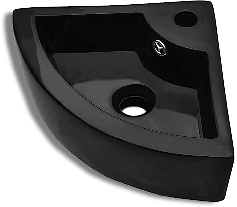 Lavabo d'angle Mural, Lave-mains d'angle Petit Lavabo Suspendu Salle de Bain avec trou de trop-plein 45x32x12,5 cm Noir