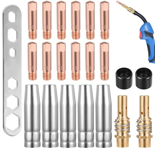 iKALULA 22 Stück Verschleißteile Set, MIG/MAG Schweißzubehör für MB15AK | Schutzgasschweißgerät Zubehör, mit 12 Stromdüse M6 0,8mm, 5 Schweißdüsen, 2 Düsenstock, 2 Isolator, 1 Schraubenschlüssel
