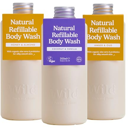 Wild Assortiment de Recharges de Gel Douche - Lot de 3 recharges Coconut & Vanilla, Honey & Almond and Amber & Oud - 95% d'Ingrédients Naturels - Sans Sulfates, Parabènes ni SLES - Vegan