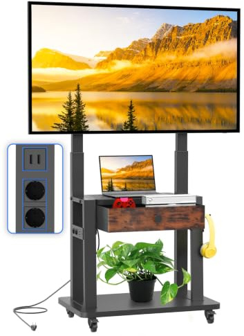 Rolling TV Stand with Power Outlet for 32-75 Inch Flat/Curved Screen up to 220lbs LCD/LED/OLED Mobile TV Stand with Fabric Drawer and Wheels Adjustable Height for Home Office Max VESA 600x400mm