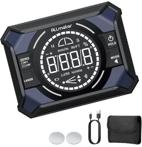 ALLmeter Laser Wasserwaage 3 in 1, digitale Wasserwaage mit Laser 0-90°/180°, digitaler Winkelmesser magnetisch, wiederaufladbar Type-C, Kreuzlinienlaser, für Holzarbeit & Montage