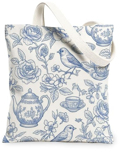 Bird Canvas Tote Bag for Women, Vintage Floral Rose Teapot Spring Blue Washable Reusable Aesthetic Tote Bag Ideas for Family Friends Colleagues Reading Loves 13x15 Inch