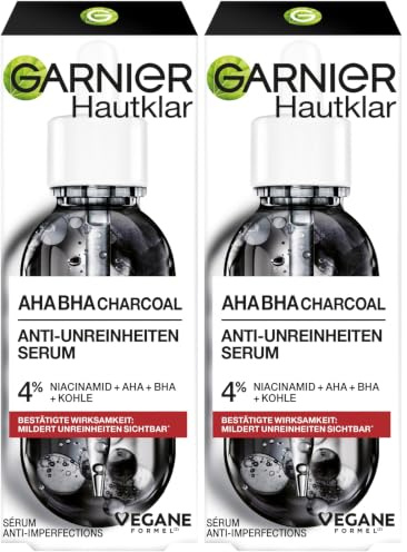 Garnier AHA + BHA Serum, Salicylsäure, Kohle & 4% Niacinamide Serum, Gesichtspflege gegen Unreinheiten, mildert Mitesser & sichtbar, für ebenmäßige & geschmeidige Haut, Hautklar, 30ml (Packung mit 2)