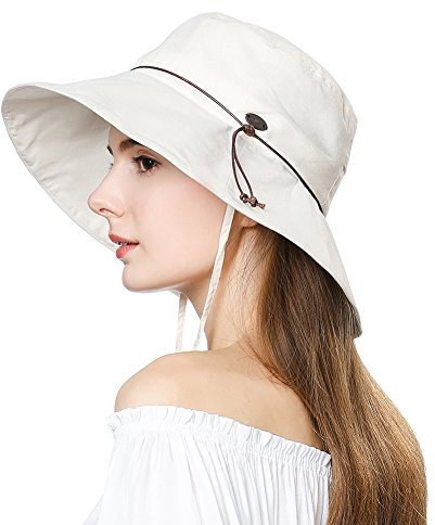 Comhats Damen Sonnenhut Faltbarer Sommerhut UPF 50 breite Krempe mit Kinnriemen Beige L