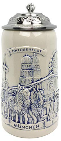 Essence of Europe Gifts 0.5 Liter | Oktoberfest Haus Oktoberfest Mugs Engraved Themed Beer Stein German Raised Relief Munich Festival Scene Stoneware Beer Mug Tankard With Lid