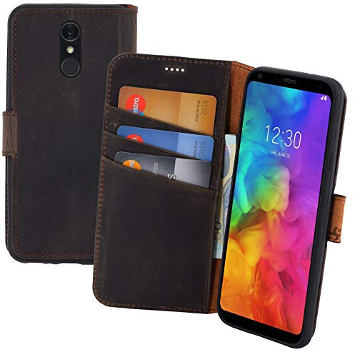 Suncase Book-Style kompatibel für LG Q7 Hülle (Slim-Fit) Leder Tasche Handytasche Schutzhülle Case (mit Standfunktion und Kartenfach - Bruchfester Innenschale) in antik braun