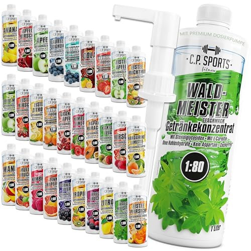 C.P. Sports Getränkesirup zuckerfrei, aspartamfrei, kalorienfrei 1:80 (ca. 80 Liter Fertiggetränk) + Dosierpumpe – Carnitin & Vitamine – Getränkekonzentrat Konzentrat Sirup – 1 Liter Tropical