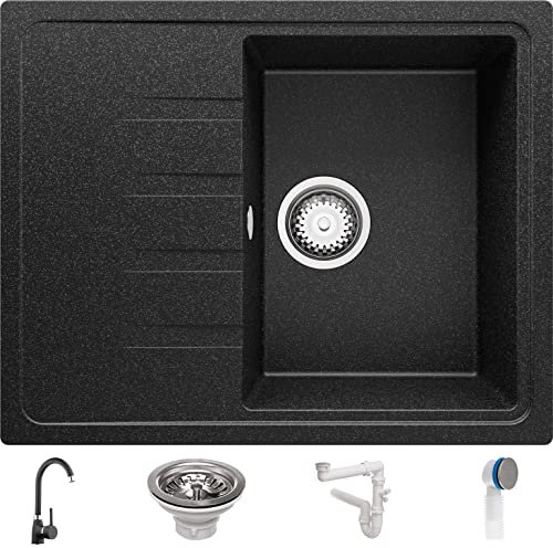 Fregadero Granito Grafito 62x50cm, Fregadero Cocina 1 Seno + Sifón + Grifo, Fregadero sobre encimera al mueble 40cm - Milano de Primagran