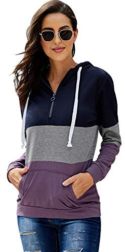 Giacca da Donna Casual Wear Testa Autunno/Inverno Manica Lunga Bump Color con Felpa con Cappuccio Ampia Tasca,Purple-XXL