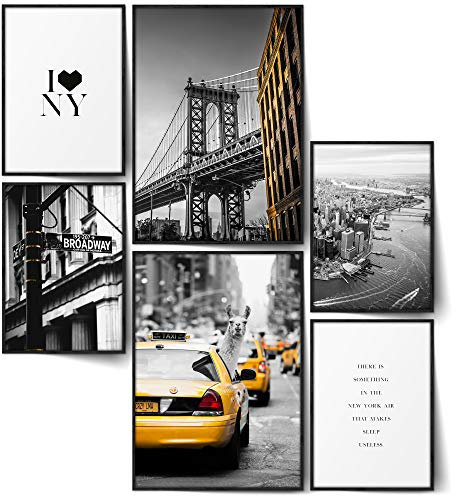 BLCKART Infinity New York City Poster Bilder Set Manhattan Stilvolle Poster Wohnzimmer Bilder Lama Taxi Freiheitsstatue Brooklyn Bridge (L | 2x A3 | 4x A4 | Ohne Rahmen, NEW YORK CITY LAMA)