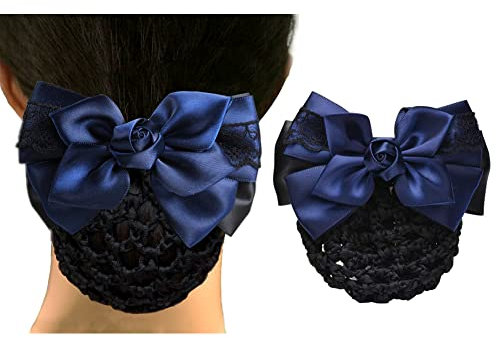 Haarknoten-Abdeckung für Damen, Haarnetz, Schleife, Dekoration, Satin-Schleife, Haarspange, französische Haarspange, Schleife, Blumen-Haarschmuck für Banken, Hotels, Restaurant-Mitarbeiter (blau)