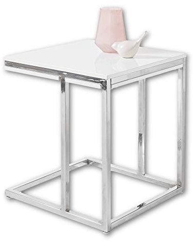 Stella Trading Mini Moderner Beistelltisch weiß Hochglanz mit verchromtem Metall Gestell - stylisher Couchtisch für Ihren Wohnbereich - 45 x 50 x 45 cm (B/H/T)