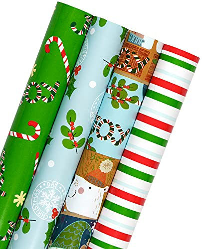 RUSPEPA Weihnachtspapierrolle - Blauer Und Grüner Eisbär, Mistel, Streifen Holiday Collection - 4 Rollen - 76 cm X 305 cm Pro Rolle