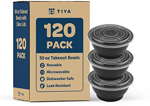 TIYA Food Takeout Bowls - Black Plastic Storage To-Go Containers - Reusable Microwavable Dishwasher Safe Restaurant Bowls - Leak Resistant for Soups & Meal Prep (50 oz Bulk 120 Pack with Clear Lids)
