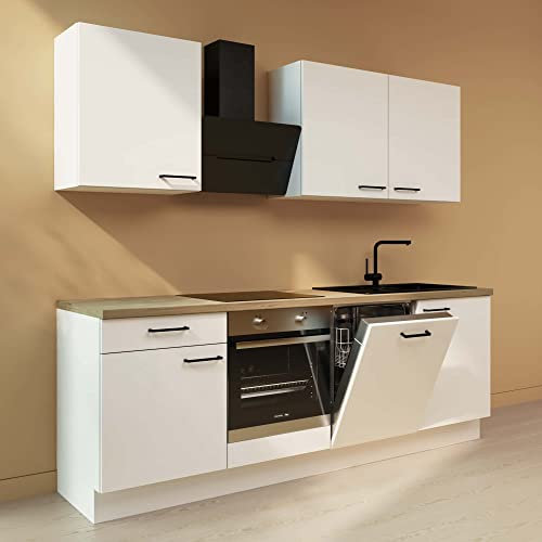 WALLERS cuisine complète 240 cm : Meubles 19mm + Plan de travail 3,8cm prédécoupé + Four + hotte + Lave vaisselle + Plaque de cuisson 4 foyers + évier + Mitigeur