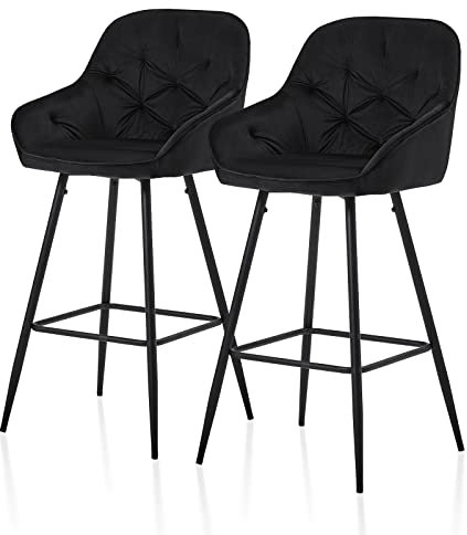 TUKAILAI Barhocker 2er Set aus Samt, Barstuhl Tresenhocker Bistrohocker modern Hocker mit Rückenlehne, Armlehne, Metallfußstütze, Küche, Frühstückstrese, Essinsel, Kneipe, Schwarz 75cm