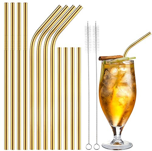 ecooe Metall Strohhalme Wiederverwendbar Trinkhalme Edelstahl 12er Goldener Dünne Trinkröhrchen Set Party Strohhälme BPA-free mit 2 Reinigungsbürste Spülmaschinenfest, für Cocktail, Smoothie und Säfte
