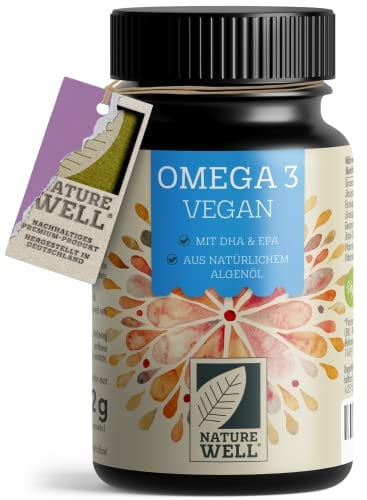 Omega-3 Vegan 60 Kapseln hochdosiert, 2000mg Omega-3 Algenöl pro Tag mit 600mg DHA & 300mg EPA, veganes Omega aus nachhaltigem Anbau als Fischöl-Alternative, laborgeprüft mit Zertifikat, NatureWell