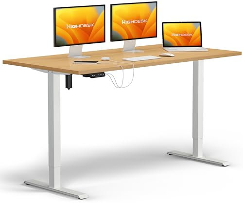 KRIEG HighDesk SMART Höhenverstellbarer Schreibtisch 180 x 80 cm I Weiß + Buche - Elektrischer Sitz- & Stehtisch mit Tischplatte - Stehschreibtisch Elektrisch Höhenverstellbar