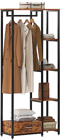 sogesfurniture Porte-Manteau Portant à vêtements en Bois et Métal, avec 4 Etagères de Rangement, Tiroir de rangement inférieur, Gain de Place, pour Chambre, Entrée, Bureau, Marron Rustique